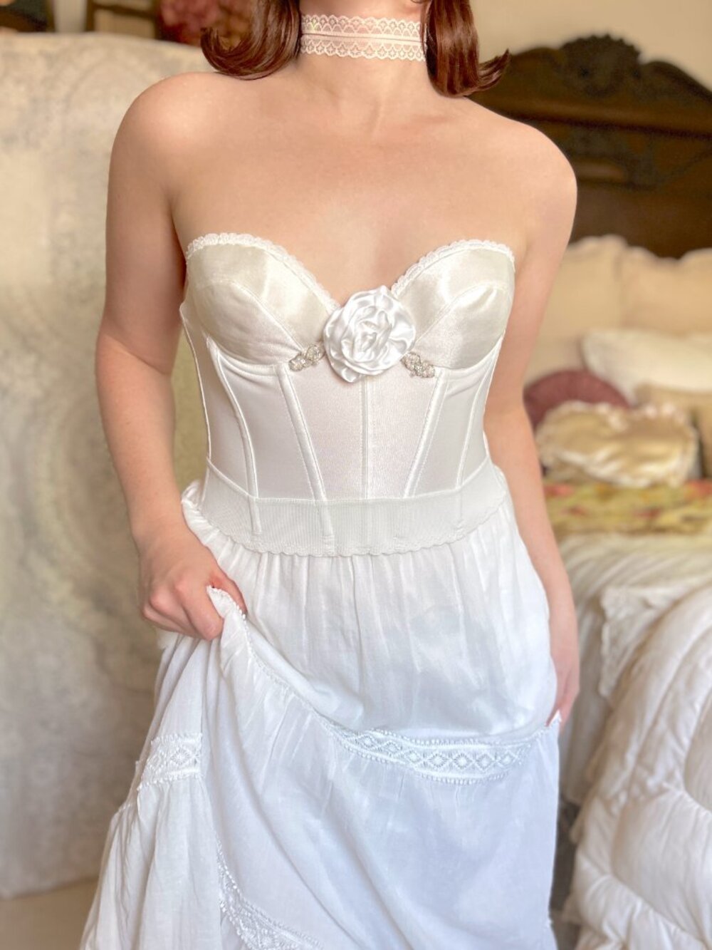 Vintage JCPenney White Bridal Bustier Corset, Satin Rose Rhinestone, Lingerie